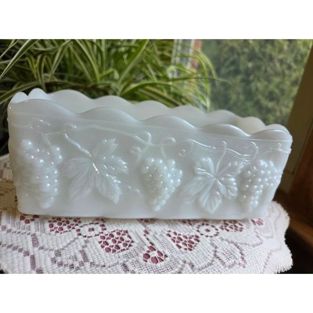 Vintage Anchor Hocking Milk Glass Grape Leaf Planter Rectagonal Dish Stippled